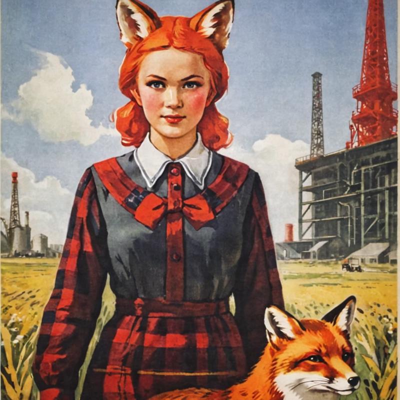 02977-1506162607-soviet poster fox girl with fox ears, red and white hair, dressed in plaid shirt, and male standing in field near the factory, _.png